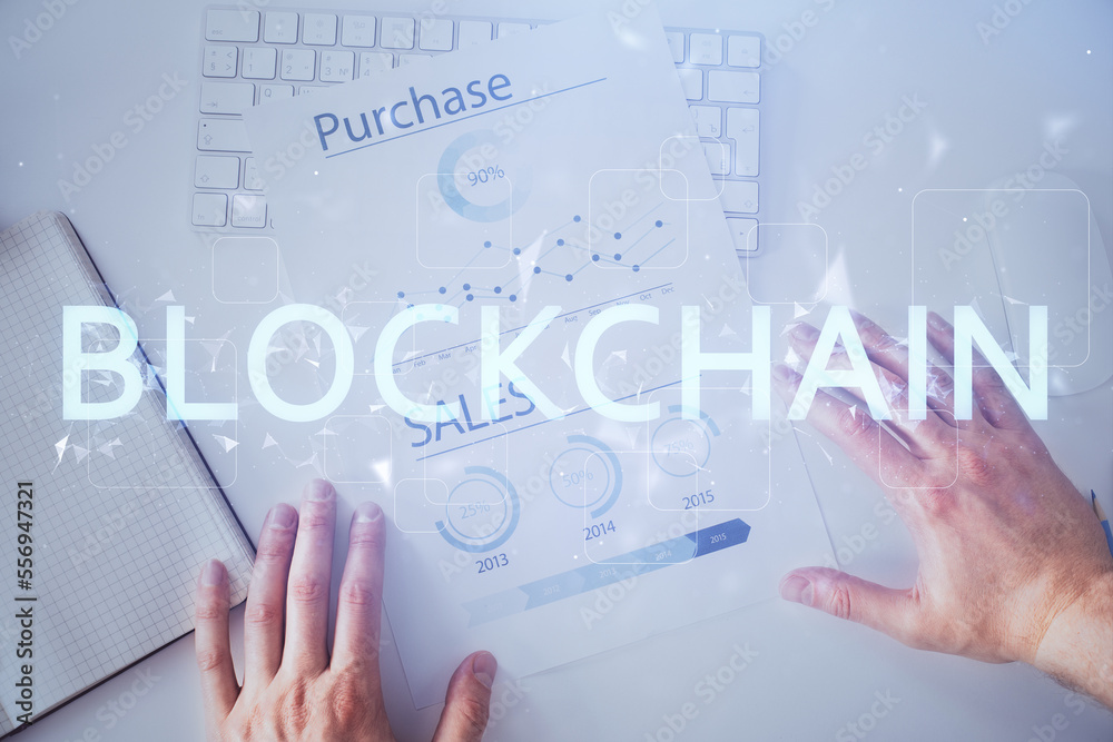 Poster Man's hands working with notes background. Cryptocurrency and finance concept.