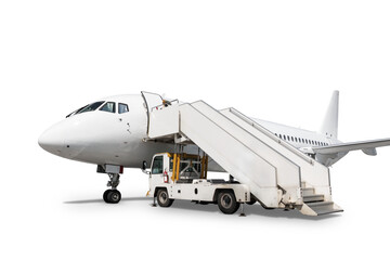 Fototapeta na wymiar White passenger jetliner with air-stairs isolated on transparent background