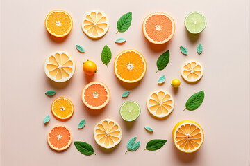 Fototapeta na wymiar Tropical fruit flat lay background. 3d oranges and lemons on a colored background top view. Summer, sun, relaxation concept. Ai generated image illustration