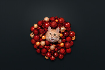 A red Christmas wreath and a red, orange cat. New Year's background. Funny cat that eats and catches shrimp. 