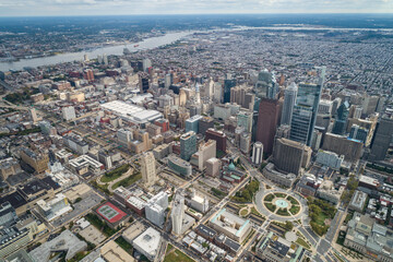 Fototapeta na wymiar Top View of Downtown Skyline Philadelphia USA and City Hall. Philadelphia City Center, Pennsylvania. Business Financial District and Skyscrapers in Background.