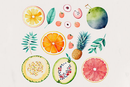 Tropical fruit flat lay background. Watercolor papaya, pineapple, oranges and lemons on a colored background top view. Summer, sun, relaxation concept. Ai generated image illustration