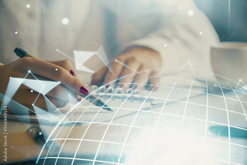 Poster multi exposure of hands making notes with world map hologram and data theme icons. concept of global
