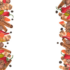 Borders with turmeric, cinnamon, nutmeg, anise, allspice, paprika, chili, cardamom. Hand-drawn watercolor illustration.