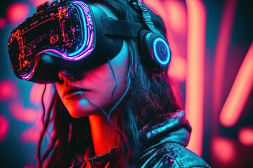 A girl with VR glasses on a colorful futuristic neon colored background, generative ai
