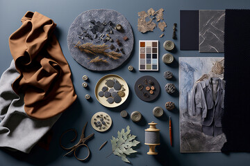 Samples of construction, textile, and natural materials, as well as fashion accessories, are shown in a flat lay of a creative architect's moodboard composition. Grey backdrop, top view, and template