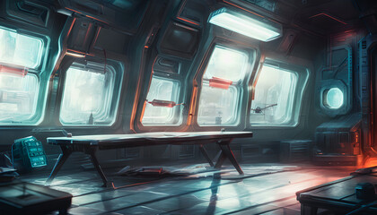 Obraz premium Artistic concept painting of a beautiful futuristic interior, Generative AI