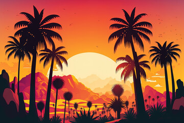 Fototapeta premium Cartoon flat panoramic scene, palm trees at sunset against a vibrant backdrop. illustration. Generative AI