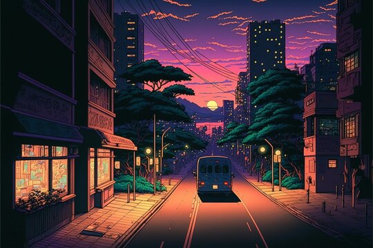 90's Japanese animation style city view, retro concept illustration generated by AI