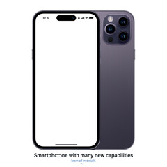 new frameless smartphone purple color with blank screen saver front and backside view isolated on white background. mockup of realistic and detailed mobile phone with shadow. vector illustration