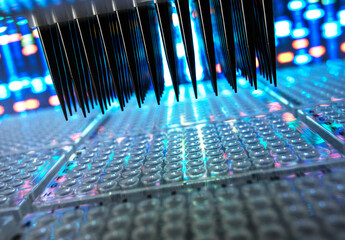 Scientific samples in microplate being prepared for research in laboratory