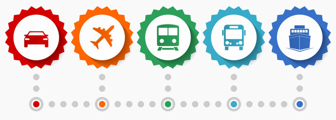 Transport vector icons, vehicles flat design web badges collection, business infographic template