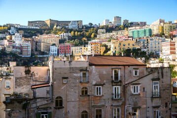 Fototapeta na wymiar View of the Vomero hill and St. Elmo Castle from the Montesanto district of Naples.