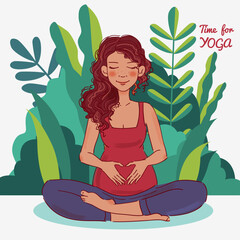 Young pregnant woman practicing yoga in the garden. Summer landscape background