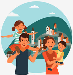Happy family having fun. Smiling mom holding her baby boy in her arms. Cute girl sits on the shoulders of his father. Summer landscape with town and hills. Travel, vacation, holidays and adventure 