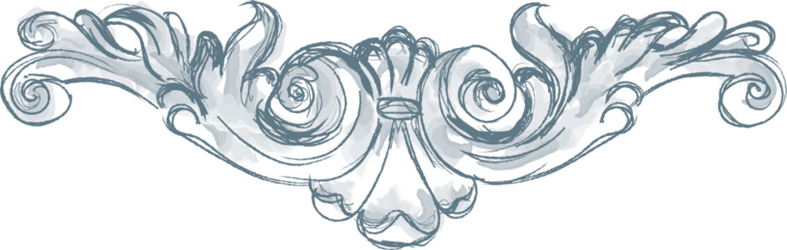 architectural elements in naive hand drawn style. Imitation of watercolor. Gypsum, stucco, forging. Monochrome vector illustration. Architecture, history, antiquity, middle ages
