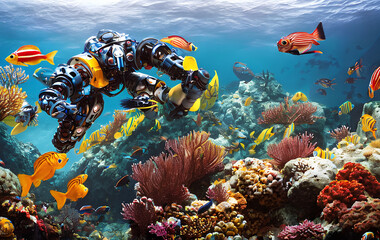 Obraz na płótnie Canvas robot swimming in the blue ocean between coral reefs and fishes, generative ai
