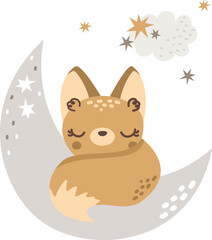 Cute vector illustration. A fox asleep on the moon. Clouds and stars 