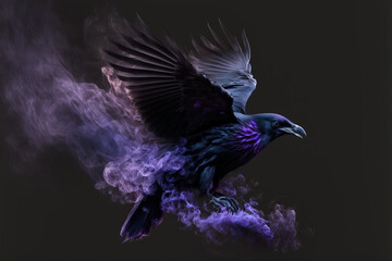 Black raven flying. Black crow. Evil bird. Glowing wings. Misty and smokey purple smoke, fire and embers.