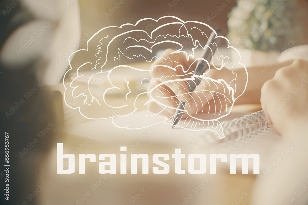 Poster start up creative drawing over close up hands on background. concept of brainstorming. multi exposur