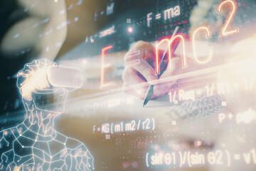Fototapeta na wymiar Science formula hologram over woman's hands taking notes background. Concept of study. Double exposure