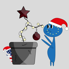 A weirdo EU flag in a Santa Claus hat near a pot with a bare branch decorated with a Christmas ball and a star and a little america man peeking out from behind the pot. A sad Christmas.  - obrazy, fototapety, plakaty