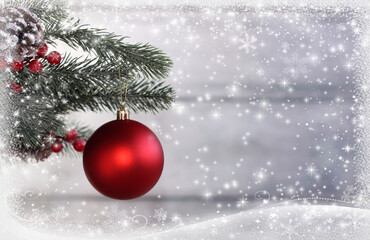 Fototapeta na wymiar A red ball hangs on a Christmas tree branch. New Year's decor, Christmas card.