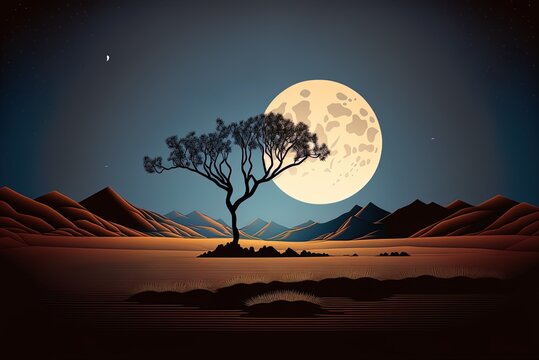 Moonlit Flat Landscape Of The Desert At Night, With A Single Tree And A Range Of Mountains Generative AI