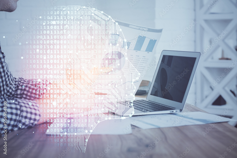 Poster Man typing on keyboard background with brain hologram. Concept of big Data. Double exposure.