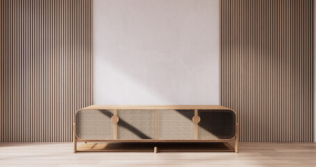 Cabinet wooden japandi design on living room muji style empty wall background.