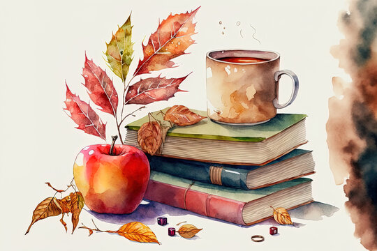Illustration in watercolor with a stack of books, an apple, a dry branch, and a warming beverage. On a white backdrop, a hand painted, comfortable fall season element is displayed. Anime style fall co