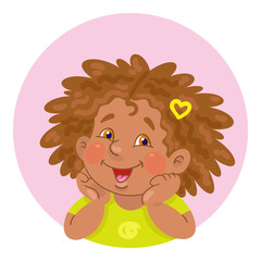 Portrait of a little African American girl. Avatar icon in a circle. In cartoon style. Isolated on white background. Vector illustration.