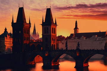 Obraz premium Czech Republic's Charles Bridge and Old Town Bridge Tower in a classic sunset view of Prague's Vltava River. Generative AI