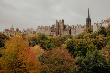 Edinburgh Scotland: 19th Oct 2022: Edinburgh City skyline in Autumn view from Princes Street gardens