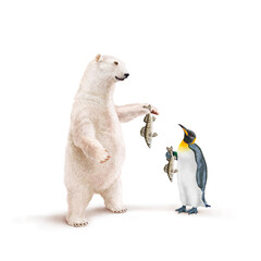 ours blanc, manchot empereur, frigide, gardon, poisson à la main, neige, pêcher, montrant, faune, illustration, arctique, hiver, blanc, glace, animal, nature