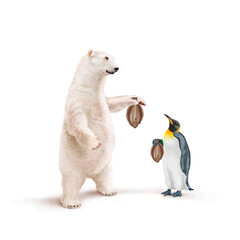 ours blanc, manchot empereur, frigide, limande, poisson à la main, neige, pêcher, montrant, faune, illustration, arctique, hiver, blanc, glace, animal, nature