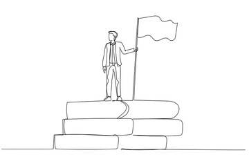Cartoon of businessman with flag standing on book stack concept of success from knowledge. One line art style