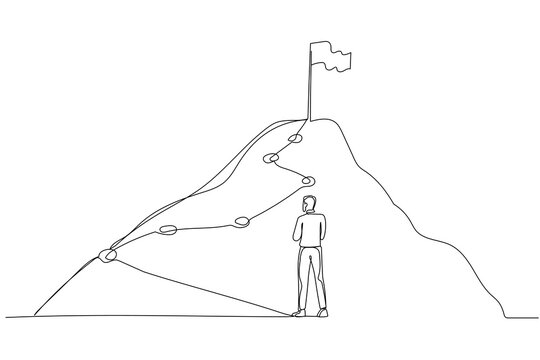 Cartoon of businessman following the lines leading to the top of success. Single line art style