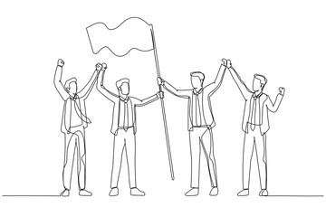 Drawing of businessman raising flag reaching top and success. Single continuous line art style