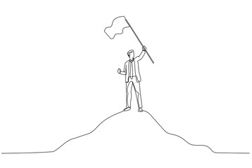 Cartoon of businessman and flag on top mountain metaphor for achievement. One line style art