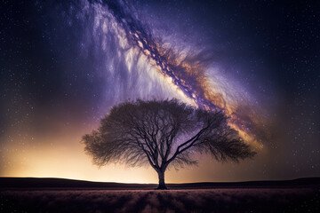 Plakat long exposure picture with grain of a tree silhouette and the milky way. Generative AI