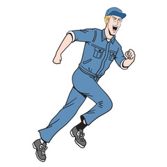 走る白人作業員