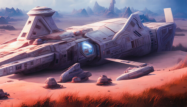 A majestic painting of a crashed spaceship in the midst of a forest, devoid of any human figures. The image captures the grandeur and otherworldly nature of the vessel. Generative AI