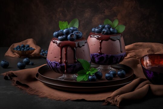 Blueberries with chocolate mousse or panna cotta on a black backdrop. Generative AI