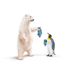 ours blanc, manchot empereur, frigide, perroquet, poisson à la main, neige, pêcher, montrant, faune, illustration, arctique, hiver, blanc, glace, animal, nature