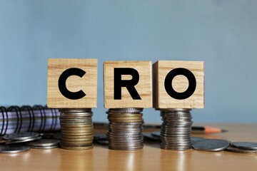 CRO (Conversion Rate Optimization) - acronym on wooden cubes on the background of coins. Business and finance concept