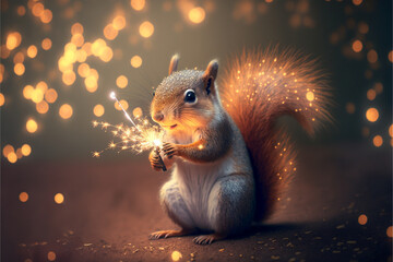 süßes Eichhörnchen mit funkelnde Wunderkerze an Silvester mit bokeh im hintergrund. Tier an Silvester.  - obrazy, fototapety, plakaty