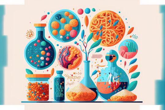 study on food additives, flat illustration. working at a biotechnology lab are scientists. research of food additives. genetic modification Genetic engineering and genetically engineered food