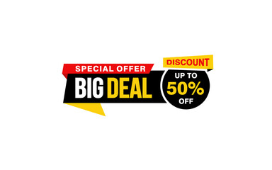 50 Percent BIG DEAL offer, clearance, promotion banner layout with sticker style. 

