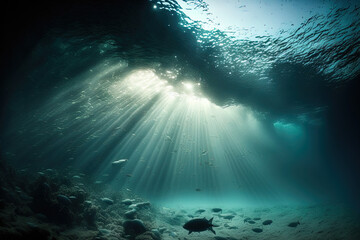 Obraz premium Ocean, sea, and light rays underwater. Generative AI